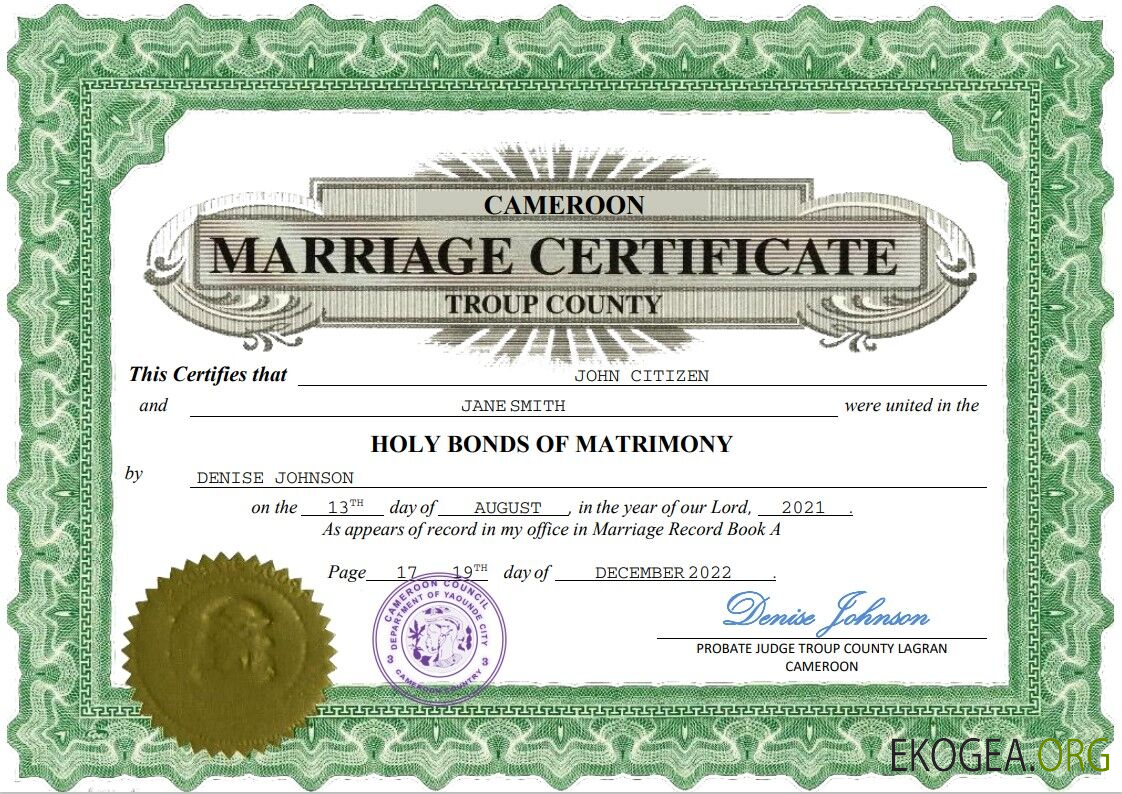 Modèle Word et PDF d'acte de mariage au Cameroun